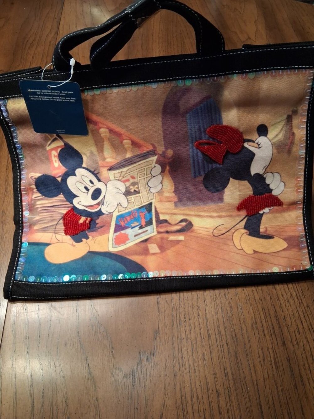 NWT Disney Mickey and Minnie Mouse Beaded Canvas Tote Purse Bag Black - Picture 8 of 11